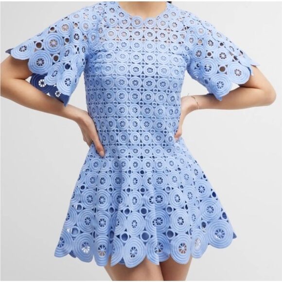 NWT Jonathan Simkhai Mercy Circle Lace Dress Womens Size 8 Blue Hydrangea Mini - Picture 1 of 14
